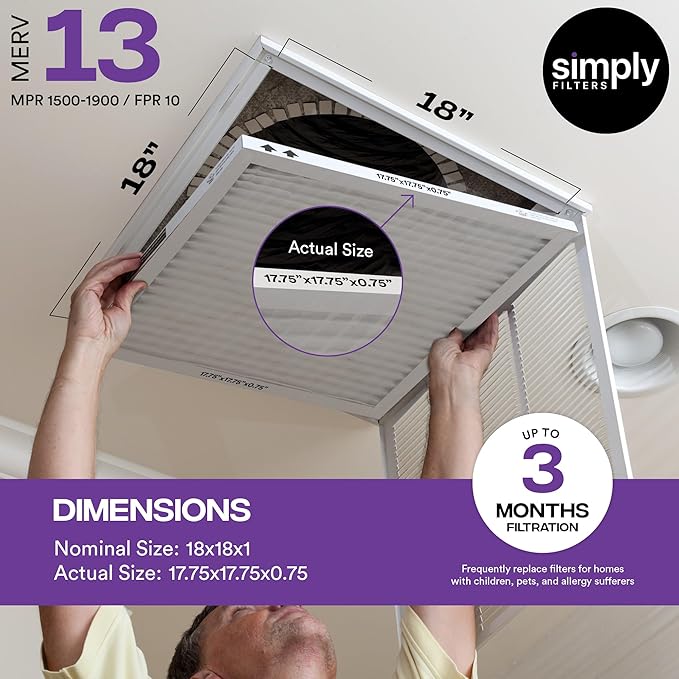 Simply 18x18x1 Air Filter, MERV 13, 6 Pack, For Home AC Furnace & HVAC (Actual Size: 17.75"x17.75"x0.75") DUST, Pet, & Allergy Control
