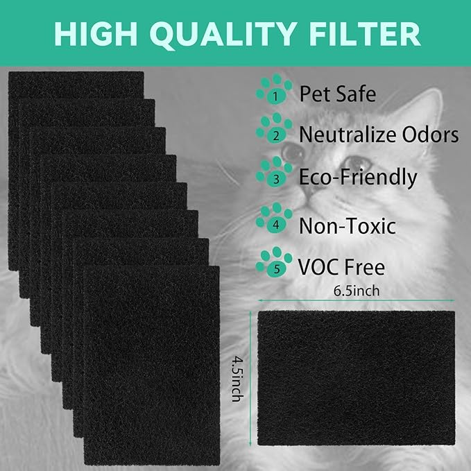 8 Pcs Charcoal Filters Compatible with Van Ness Cat Litter Box, 4.5 x 6.5Inch Replacement Activated Carbon Premium Odor Filters for Pureness F6 Zeloite Air Filter, Black