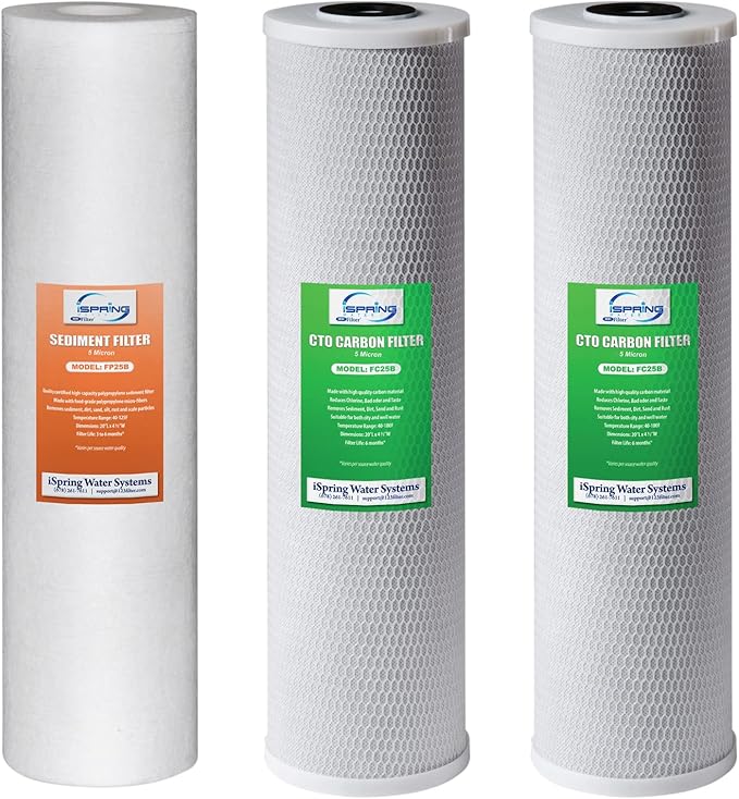 iSpring F3WGB32B 4.5” x 20” 3-Stage Whole House Water Filter Replacement Pack Set with Sediment and Carbon Block Cartridges Reduces up to 99% Chlorine, White