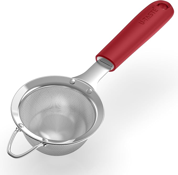 U-Taste Small Fine Mesh Strainer: 18/8 Stainless Steel 3.35in 30 Mesh Kitchen Food Sieve with Sturdy Riveted Silicone Handle, Heavy Duty Deep Handheld Metal Colander for Tea, Juice (Red)