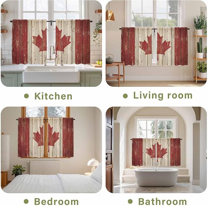 Canada Tier Curtains, Red Maple Leaf Flag Vintage Farmhouse Wooden Grain Light Filtering Kitchen Curtains, 2Pcs Rod Pocket Half Window Treatments Panels for Sink Cafe Cabinet Basement 27.5x45 Inches