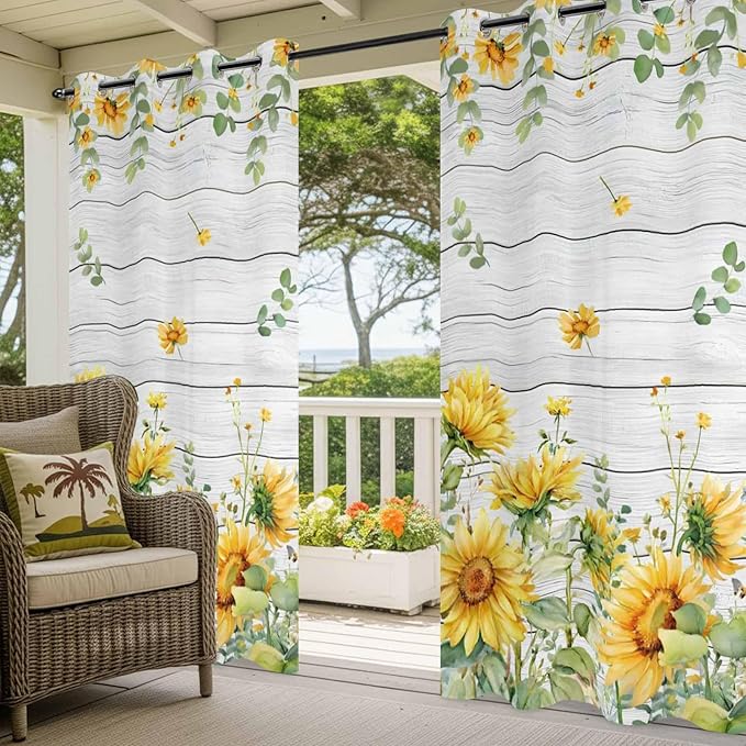 Sunflowers Outdoor Curtains for Patio Summer Floral Eucalyptus Leaf Wood Plank Waterproof Outside Curtains with Grommet Top Weatherproof Curtain for Cabana Pergola Gazebo, 2 Pack, 54" W x 108" L