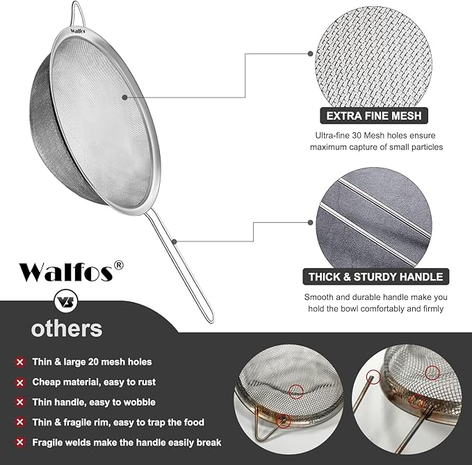 Walfos Large Fine Mesh Strainer 9.35" & 7.8", Stainless Steel Mesh Sieve with Sturdy Handle, Kitchen Metal Food Strainers for Quinoa, Rice, Pasta, Fruits, Vegetables, etc., Set of 2