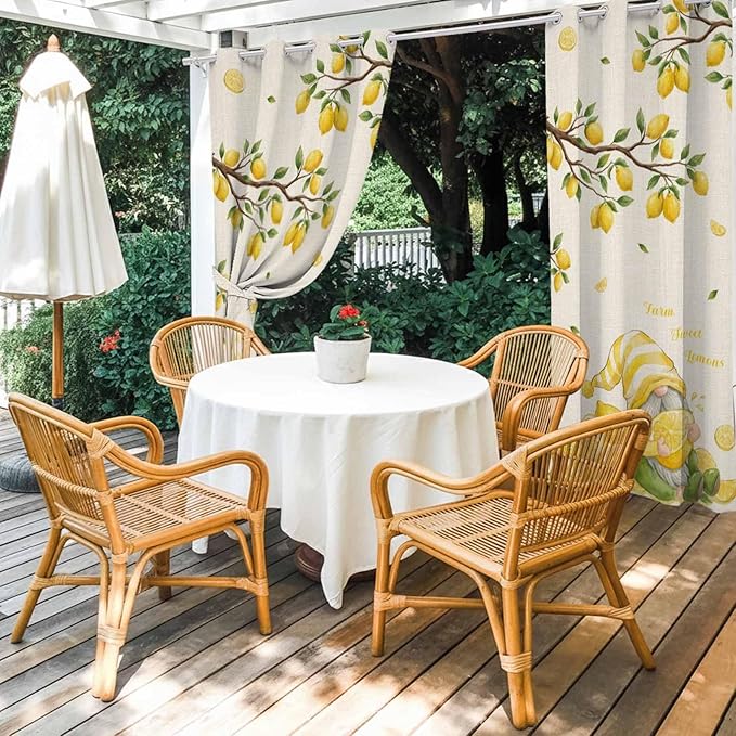 Summer Outdoor Curtains for Patio Lemon Gnome Leaf Linen Texture Waterproof Outside Curtains with Grommet Top Weatherproof Curtain for Cabana Pergola Gazebo, 2 Pack, 54" W x 95" L