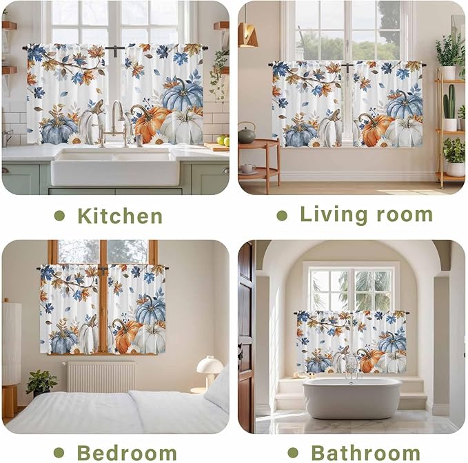 Navy Blue Pumpkin Fall Kitchen Curtains 54 Inch Long 2 Panel Set,Rod Pocket Window Curtains Panels,Thanksgiving Maple Leaves Branches Light Filtering Privacy Draperies for Bedroom Laundry 42"W x 54"L