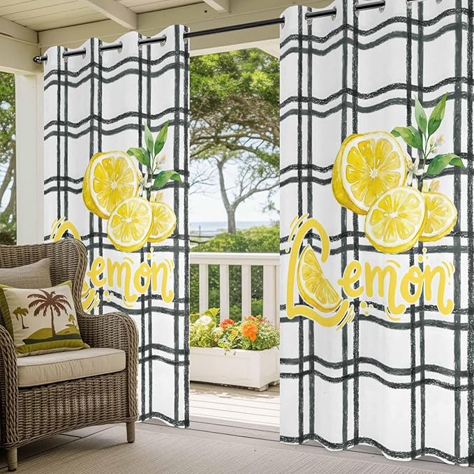 Lemon Outdoor Curtains for Patio Lemon Leaves Summer Plaid Buffalo Waterproof Outside Curtains with Grommet Top Weatherproof Curtain for Cabana Pergola Gazebo, 2 Pack, 54" W x 108" L