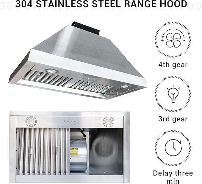 CHETTO C Stainless Steel Range Hood Cover with 4-Speed Vent Hood Insert Custom Handmade Metal Kitchen Fan with Towel Rack LED Light 30"W x21"D x57"H Black Wall Mount