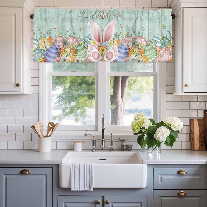 Easter Curtain Valances for Windows, Kitchen Valance Window Treatment, Spring Rabbit Ear Eggs Floral Green Wooden Grain Light Filtering Block Curtains for Bathroom/Bedroom/Living Room 42'' x 18''