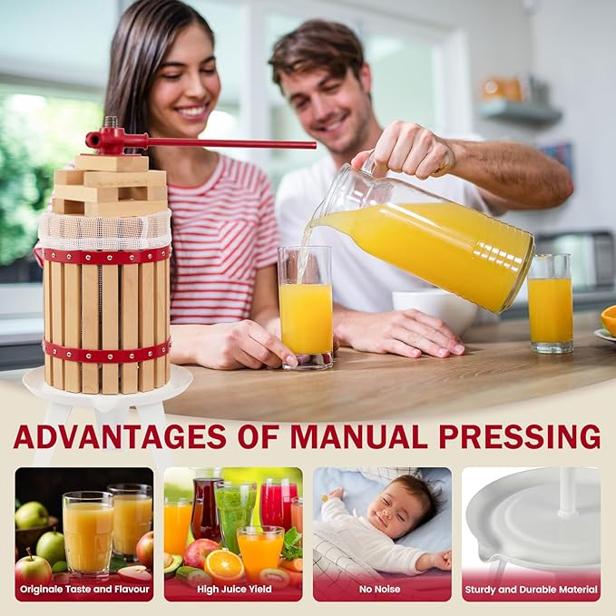 CAELUM Fruit Wine Press, 1.6 Gallon Wood Fruit and Cider Press Squeezer With T-Handle, Juice Maker, Wine Making Press Squeezer for Outdoor, Kitchen（Red）