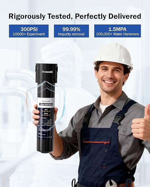 Dreamwills DS10 Under Sink Water Filter System, 1.3 GPM Direct Connect Kitchen Faucet Filtration, 3-Minute Tool-Free Install, Reduces Lead, Chlorine, Bad Taste, Retains Minerals, 1 Year