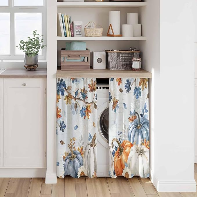 Fall Blue Maple Kitchen Curtains 45 Inch Long 2 Panel Set, Rod Pocket Window Treatment, Thanksgiving Pumpkins Daisy Country Leaves Light Filtering Panels Short Drapes for Bathroom Camper 42"W x 45"L