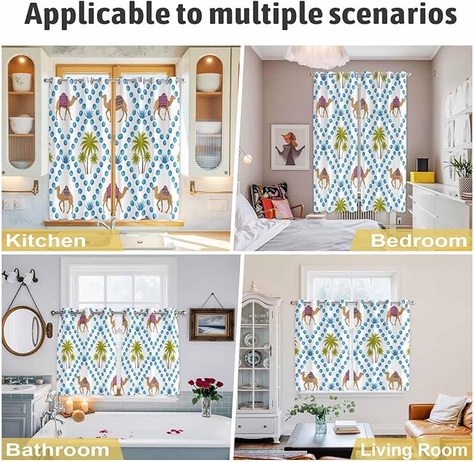 2 Panel Kitchen Cafe Curtains, Camels Palm Trees Sunlight Filtering Nature Air Through, Home Decor Window Covering Tier Curtains for Living Room 55W x 39L inch Tropical Desert Animal Plants Polka Dot