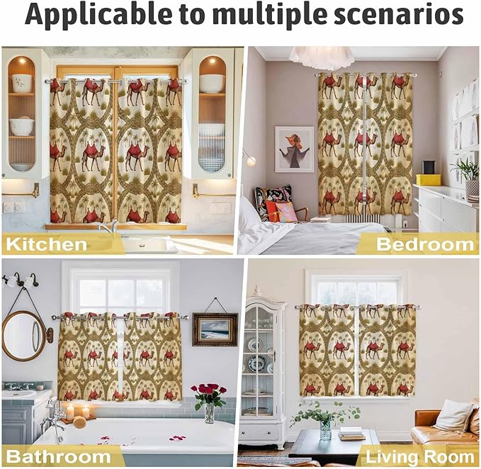2 Panel Kitchen Cafe Curtains, Brown Desert Camels Sunlight Filtering Nature Air Through, Window Decor Tier Curtains for Living Room 104W x 96L inch Tropical Date Coconut Trees Cords Leaves
