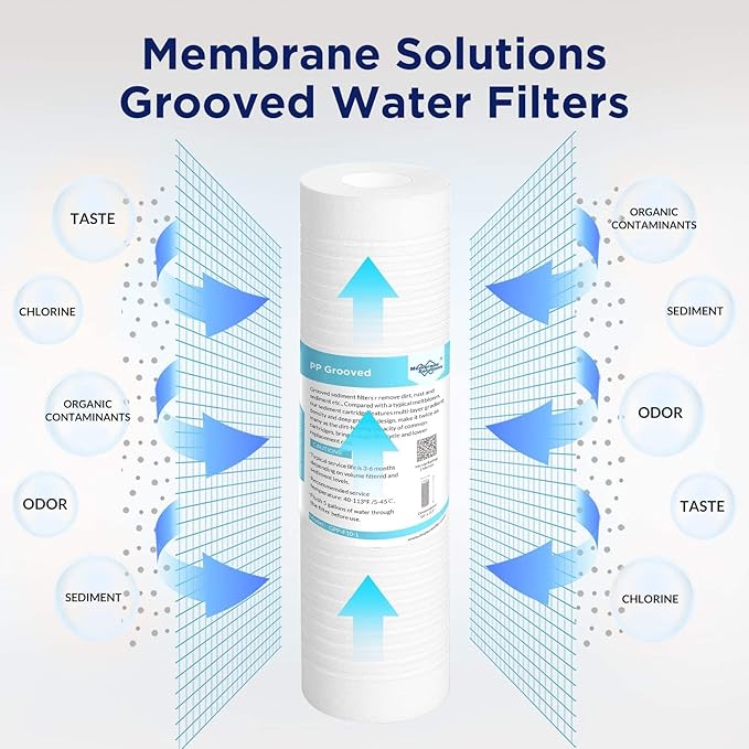 Membrane Solutions Grooved Sediment Water Filter Cartridge (Pack of 6), 0.5 Micron Whole House Water Filter Universal Replacement 10"x2.5" for 10" RO Unit, Whole House Under-Sink Filtration System