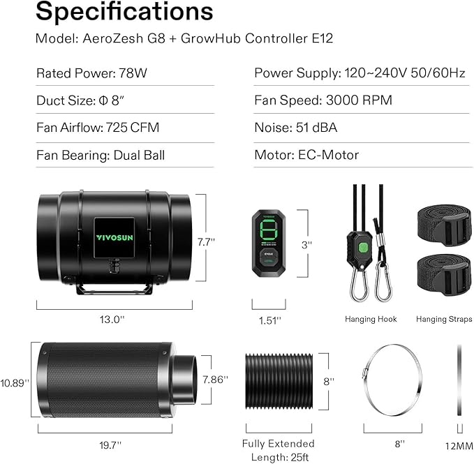 VIVOSUN Smart Air Filtration G8 Kit 8", AeroZesh G8 Inline Duct Fan with E12 Speed Controller, Carbon Filter & 25' Ducting, Cooling & Ventilation System for Grow Tents, Indoor Gardening, Hydroponics