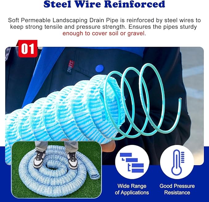 5cm/2in Diameter French Drain Pipe Perforated Drainage Pipes, Soft Infiltration Tubular Underground Drainage Systems for Outside Driveway/Sidewalk, Steel Wire Reinforced Permeable Tube(1600cm)
