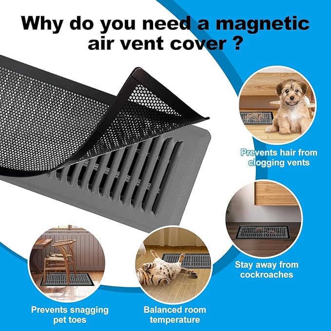 4 PCS Magnetic Vent Covers - 4.7"x10.2" Magnetic Air Vent Screen - for Floor/Wall/Ceiling Registers - Easy Install, Secure Fit - Durable(Fits Registers 5" to 6" W x 10" to11" L)