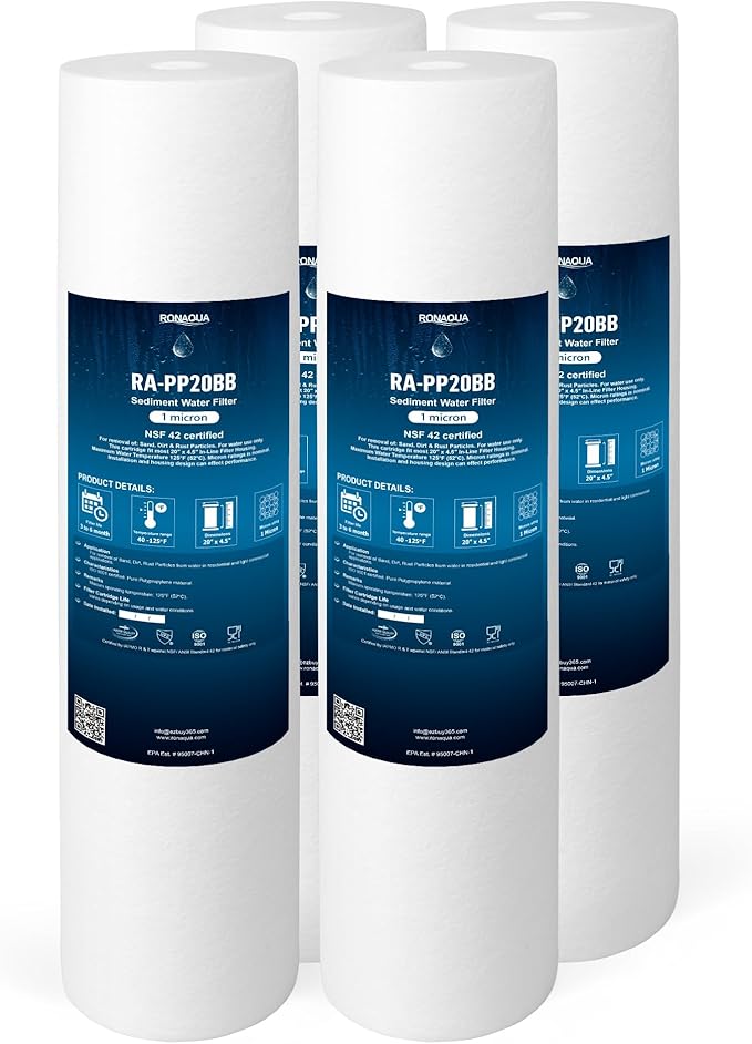 Ronaqua 20" x 4.5" Big Sediment Replacement Water Filter Cartridge, 1 Micron, NSF Certified, for Whole House, Compatible with 155358-43, 2PP20BB1M, AP810-2, FPMB-BB5-20, P5-20BB, SDC-45-2005, 4 Pack