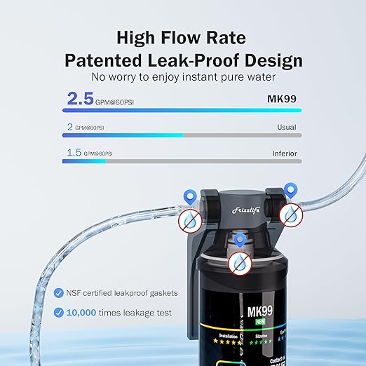 Frizzlife Under Sink Water Filter System-NSF/ANSI 53&42 Certified High Capacity Direct Connect Under Counter Drinking Water Filtration System-0.5 Micron Reduces Lead, Chlorine, Bad Taste & Odor, Black