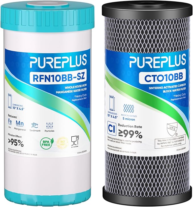PUREPLUS 5 Micron 4.5"x 10" Whole House Water Filter Cartridge Combo Kit with Activated Carbon Block, and Iron Reduce Filter, Replacement for WFHDC8001, CB-BB-10, GE FXHTC, GXWH40L, GXWH35F, 1PACK