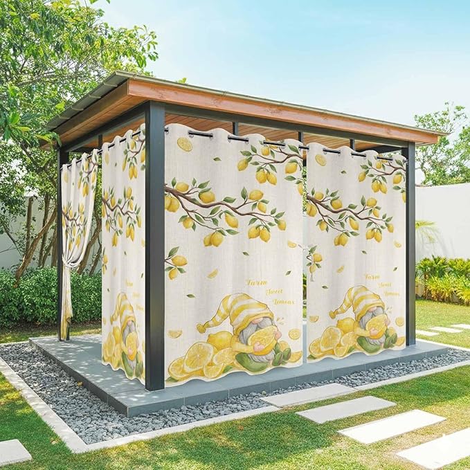 Summer Outdoor Curtains for Patio Lemon Gnome Leaf Linen Texture Waterproof Outside Curtains with Grommet Top Weatherproof Curtain for Cabana Pergola Gazebo, 2 Pack, 54" W x 108" L