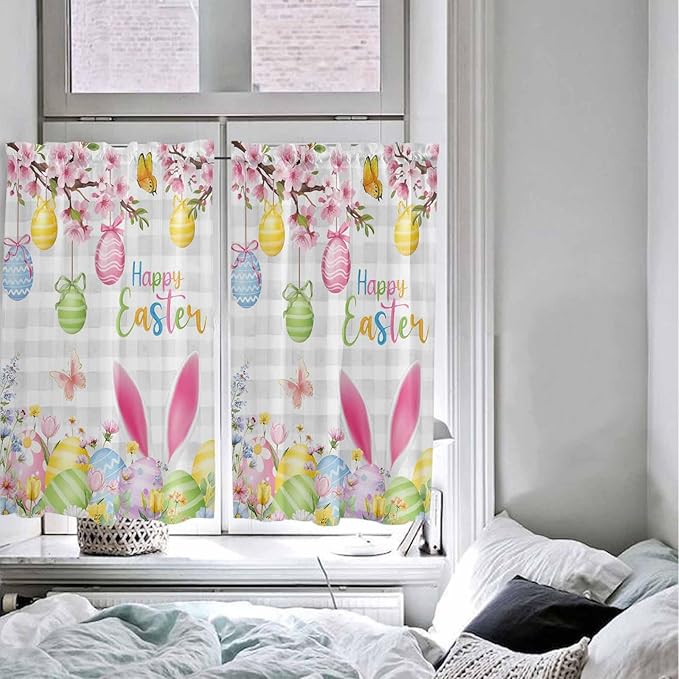Happy Easter Tier Curtains 45 Inches Long, Spring Watercolor Bunny Eggs Flower Grey Plaid Window Treatment Curtain Drapes, Window Half Privacy Curtains for Bedroom Bathroom, 42"x45", 2 Panels