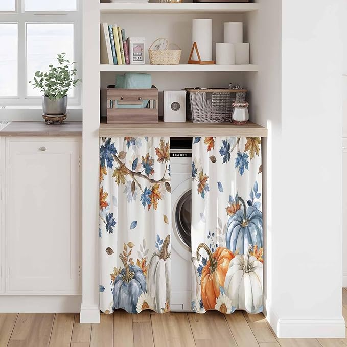 Navy Blue Pumpkin Fall Kitchen Curtains 54 Inch Long 2 Panel Set,Rod Pocket Window Curtains Panels,Thanksgiving Maple Leaves Branches Light Filtering Privacy Draperies for Bedroom Laundry 42"W x 54"L