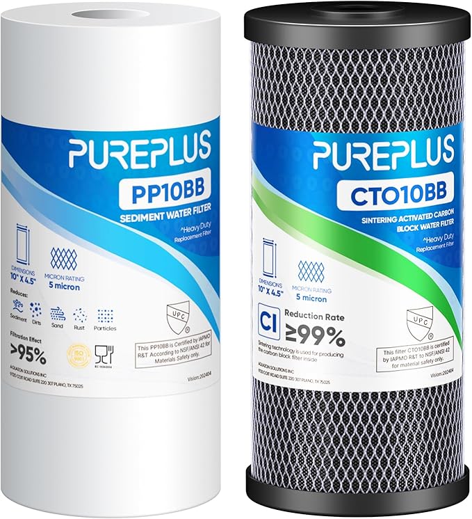 PUREPLUS 5 Micron 4.5"x10" Whole House Water Filter Combo, with Sediment and Activated Carbon Block Filter, Replacement for WGB21B, F2WGB21B, RFC-BBSA, HD-950, WFHD13001B, WFHDC8001, CB-BB-10, 1PACK