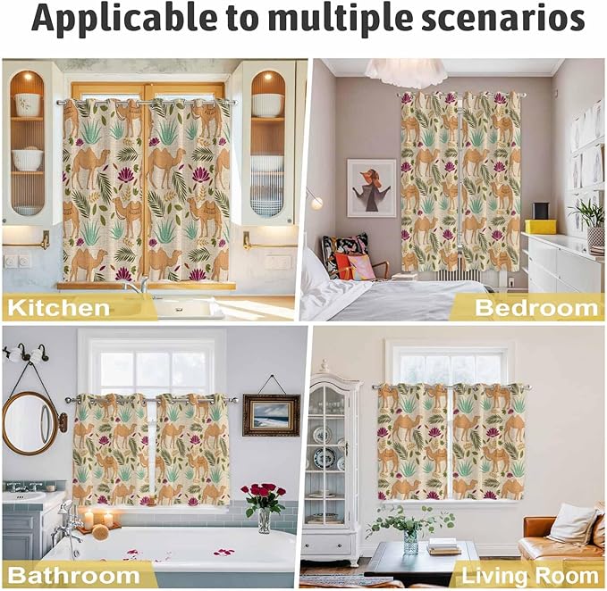 2 Panel Kitchen Cafe Curtains, Desert Camels Sunlight Filtering Nature Air Through, Home Decor Window Covering Tier Curtains for Living Room 104W x 63L inch Vintage Sand Animals Aloe Vera Leaves Beige