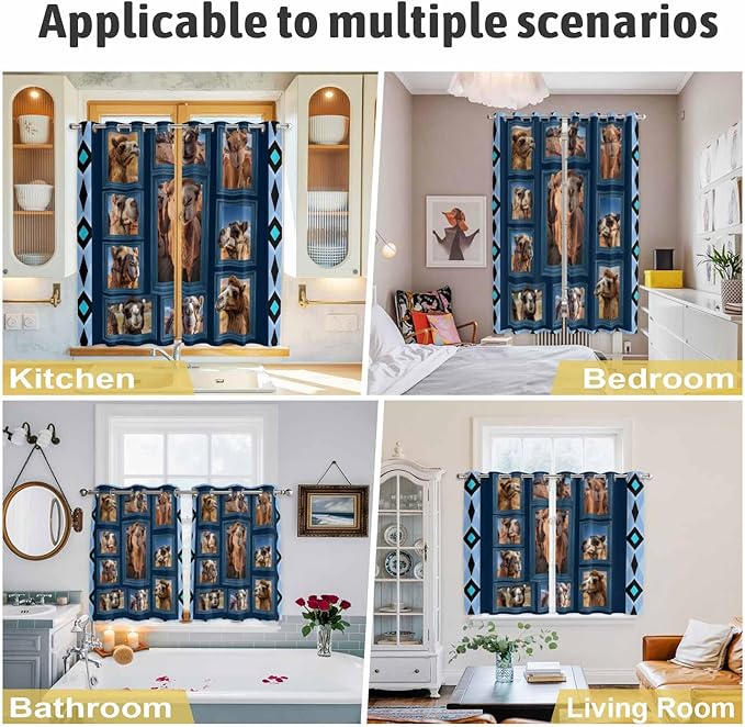 2 Panel Kitchen Cafe Curtains, Desert Camels Sunlight Filtering Nature Air Through, Home Decor Window Covering Tier Curtains for Living Room 104W x 96L inch Wildlife Brown Animals Blue Geometric