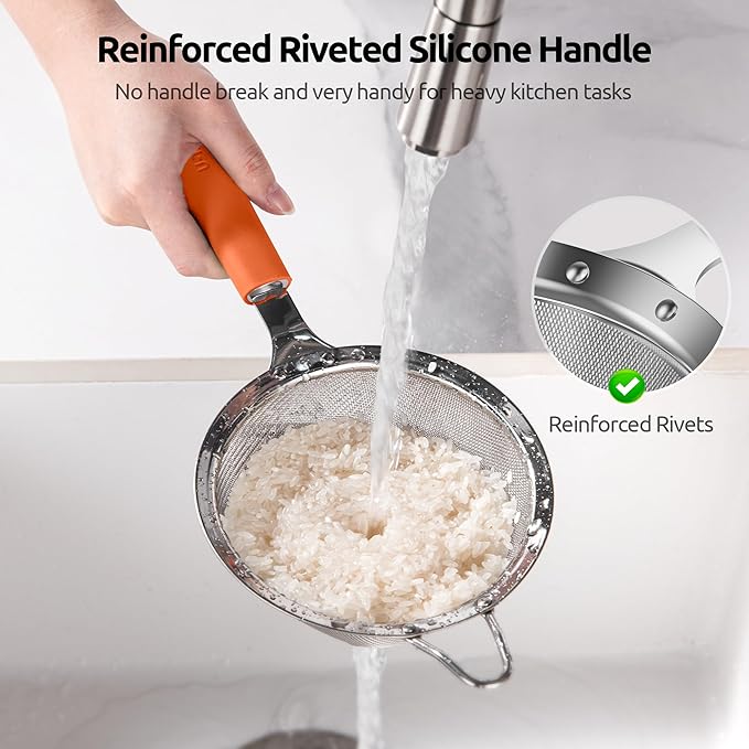 U-Taste Medium Fine Mesh Strainer: 18/8 Stainless Steel 4.73in 30 Mesh Kitchen Food Sieve with Sturdy Riveted Silicone Handle, Heavy Duty Deep Handheld Metal Colander for Rice, Quinoa, Flour (Orange)
