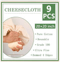 WMKGG 9 PCS Reusable Unbleached Cotton Cheese Cloth 20x20 Inch, Grade 100 Precut Cheesecloth for Straining Hemmed 4 Edges Fine Mesh Cotton for Cooking, Juicing, Cheese Making, Baking, Yogurt