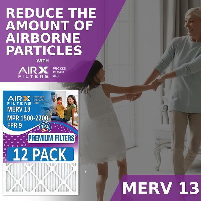 16x24x1 Air Filter MERV 13 Rating, 12 Pack of Furnace Filters Comparable to MPR 1500-2200 & FPR 9 - Made in USA by AIRX FILTERS WICKED CLEAN AIR.