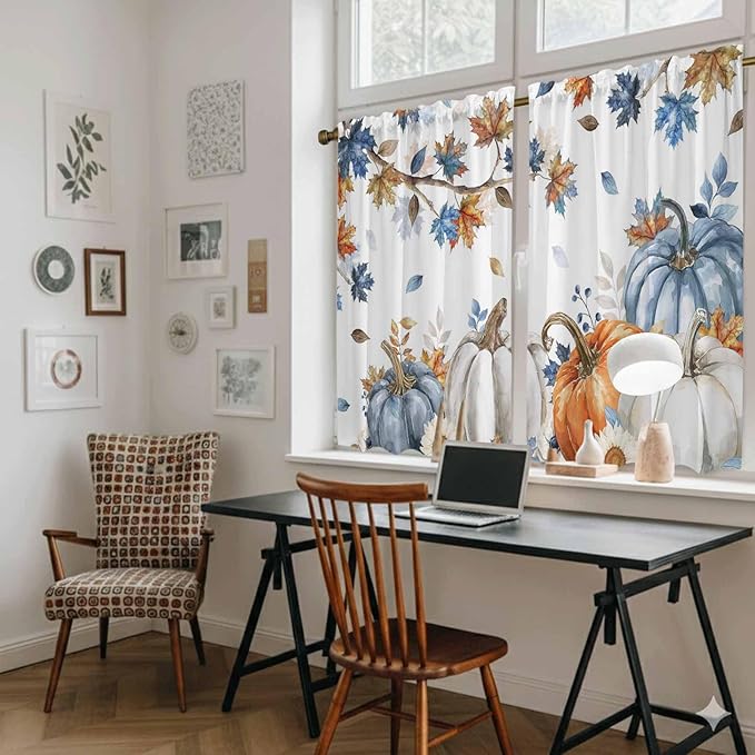 Navy Blue Pumpkin Fall Kitchen Curtains 54 Inch Long 2 Panel Set,Rod Pocket Window Curtains Panels,Thanksgiving Maple Leaves Branches Light Filtering Privacy Draperies for Bedroom Laundry 42"W x 54"L
