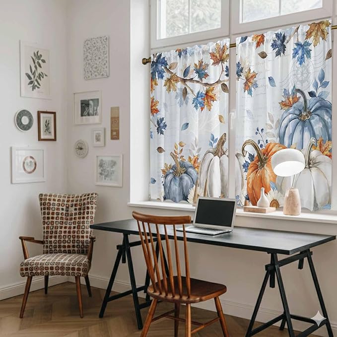 Fall Blue Maple Kitchen Curtains 45 Inch Long 2 Panel Set, Rod Pocket Window Treatment, Thanksgiving Pumpkins Daisy Country Leaves Light Filtering Panels Short Drapes for Bathroom Camper 42"W x 45"L