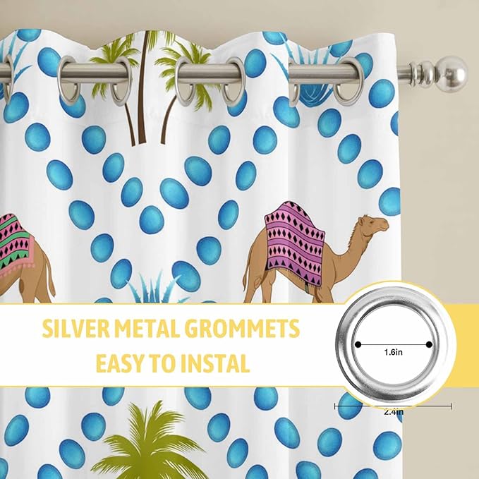 2 Panel Kitchen Cafe Curtains, Camels Palm Trees Sunlight Filtering Nature Air Through, Home Decor Window Covering Tier Curtains for Living Room 104W x 72L inch Tropical Desert Animal Plants Polka Dot