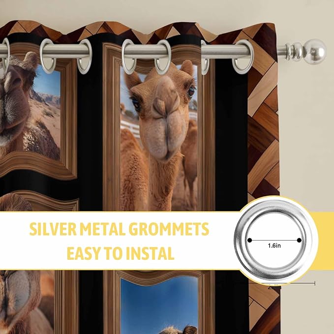 2 Panel Kitchen Cafe Curtains, Desert Camels Sunlight Filtering Nature Air Through, Home Decor Window Covering Tier Curtains for Living Room 104W x 90L inch Brown Wildlife Farmhouse Animals Rustic