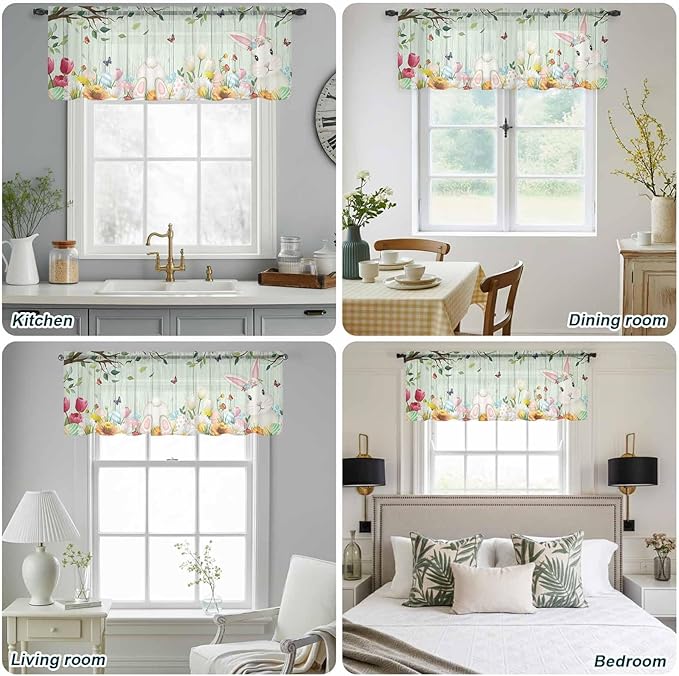 Easter Sheer Valances for Windows 60"x18", Light Filtering Kitchen Curtains Valance, Spring Watercolor Bunny Eggs Tulip Wooden Grain Teal Rod Pocket Chiffon Curtains for Living Room Bedroom Cafe