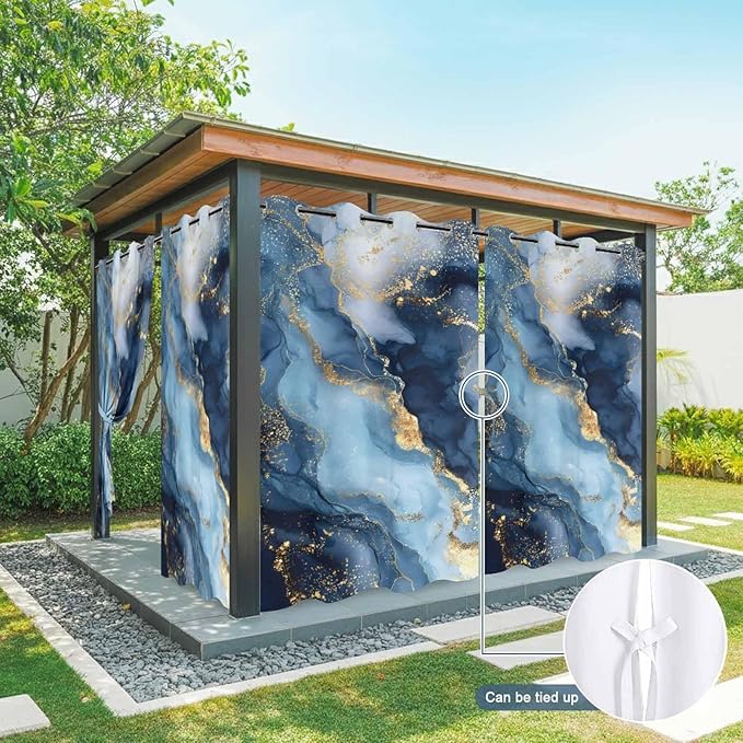 Marble Texture Outdoor Curtains for Patio Abstract Gradient Blue Golden Gorgeous Waterproof Outside Curtains with Grommet Top Weatherproof Curtain for Cabana Pergola Gazebo, 2 Pack, 54" W x 84" L
