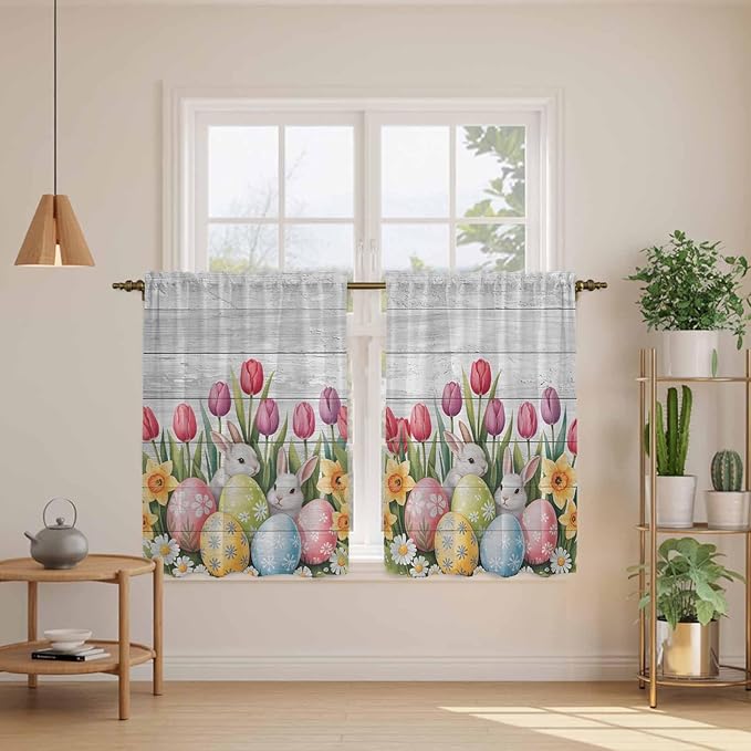 Easter Kitchen Tier Curtains 45 Inch Long 2 Panel Set,Rod Pocket Short Window Treatment,Retro Spring Bunny Eggs Tulip Farm Wooden Grain Light Filtering Curtains & Drapes for Bathroom 27.5"W x 45"L