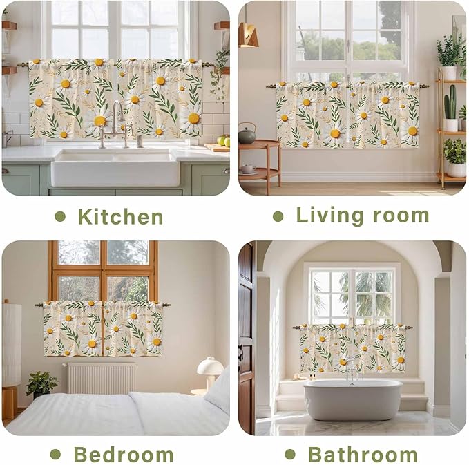 Spring Daisy Tier Curtains, Country Watercolor Flower Leaf Plant Light Filtering Kitchen Curtains, 2Pcs Rod Pocket Half Window Treatments Panels for Sink Cafe Cabinet Camper 27.5x36 Inches