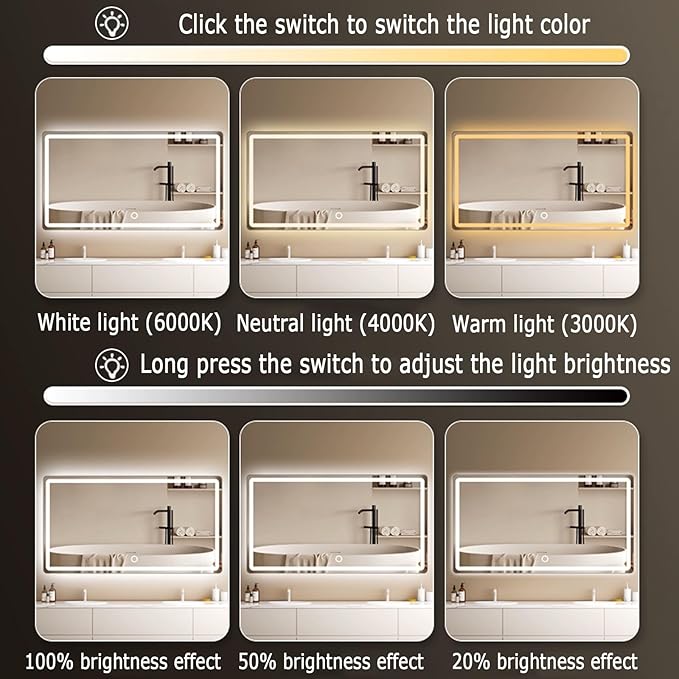 Backlit LED Illuminated Bathroom Mirror with LED Lights, Lighted Bathroom Makeup Wall Mounted Mirror with Demister Pad, Sensor Touch Switch, Horizontal/Vertical(A,H70*W90CM/H27.5*W35.4IN)