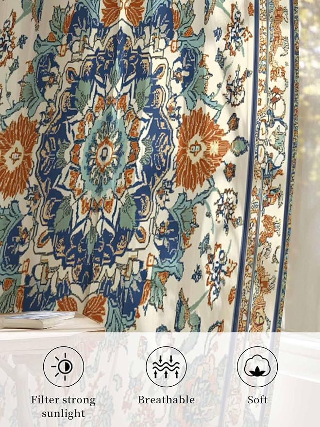 Sheer Curtains 63 Inch Length, Southwest Farmhouse Semi Sheer Curtains Light Filtering Window Treatment, Orange Blue Desert Bohemian Privacy Voile Drapes for Living Room Bedroom 52x63 Inch