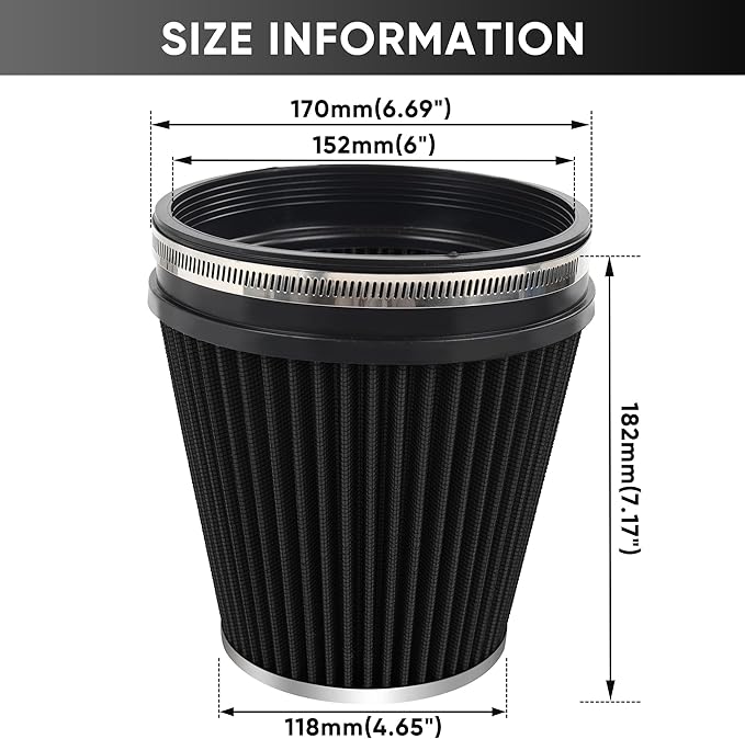 6" 152mm Cold Air Intake Filter Clamp-On Replacement High Flow Inlet Air Filter High Performance Washable Cone Filter 7" Tall Black