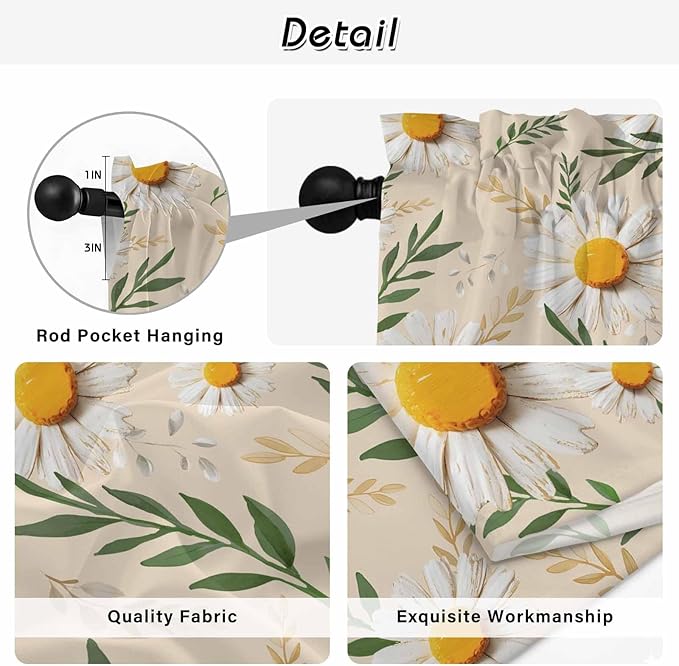 Spring Daisy Tier Curtains, Country Watercolor Flower Leaf Plant Light Filtering Kitchen Curtains, 2Pcs Rod Pocket Half Window Treatments Panels for Sink Cafe Cabinet Camper 27.5x36 Inches