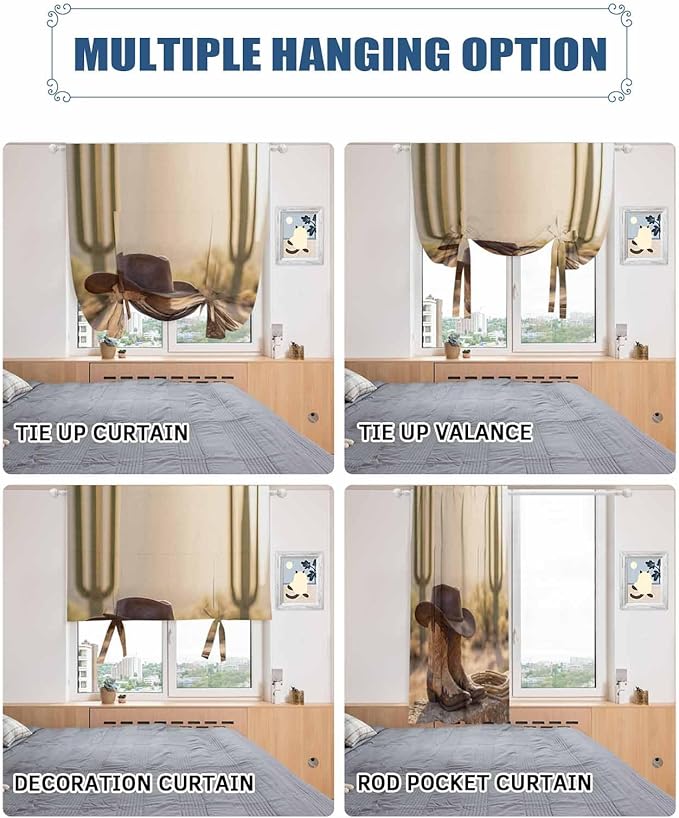Tie Up Curtains for Windows, Cowboy Western Adjustable Balloon Nature Linen Textured Kitchen Curtain, Cowboy Hats Boots Desert Cacti Vintage Privacy Curtains Balloon Blind for Cafe, 42 x 63 Inches