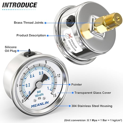 MEANLIN MEASURE 0~15Psi Dry Low Pressure Gauge Stainless Steel 1/4" NPT 2" FACE DIAL Waterproof for Water Oil Air Well Pump Tank Tire Pressure Test Back Mount, with 1/2" NPT and 3/8" NPT Hex Bushing