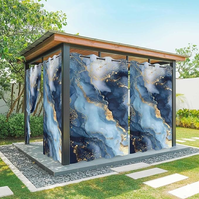 Marble Texture Outdoor Curtains for Patio Abstract Gradient Blue Golden Gorgeous Waterproof Outside Curtains with Grommet Top Weatherproof Curtain for Cabana Pergola Gazebo, 1 Panel, 54" W x 84" L