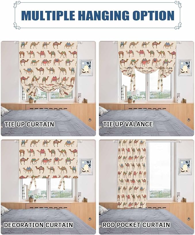 Tie Up Curtains for Windows, Summer Camels Adjustable Balloon Nature Linen Textured Kitchen Curtain, Farmhouse Retro Cartoon Desert Animals Tie Up Light Filtering Curtains for Decor, 34 x 45 In