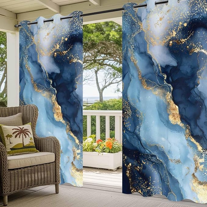 Marble Texture Outdoor Curtains for Patio Abstract Gradient Blue Golden Gorgeous Waterproof Outside Curtains with Grommet Top Weatherproof Curtain for Cabana Pergola Gazebo, 2 Pack, 54" W x 84" L